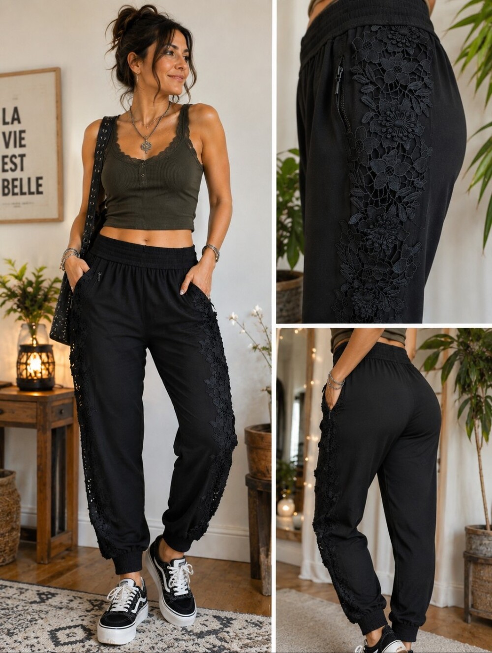 Elie Tahari Black Lace-Trim Track Joggers
